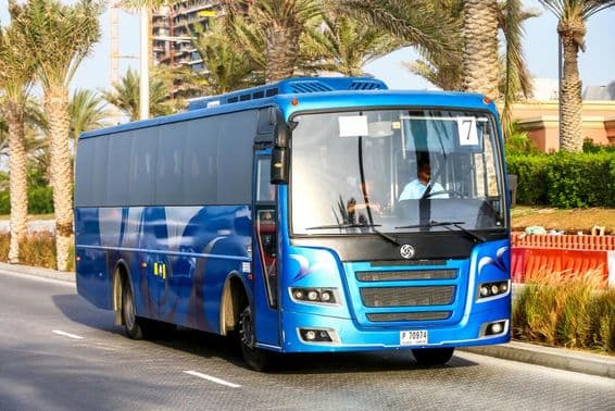 Dubai blue bus with palm trees in the background.