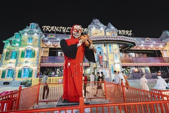 A "House of Fear" haunted house in the style of Dracula's Castle in Transylvania at Dubai's Global Village amusement park.