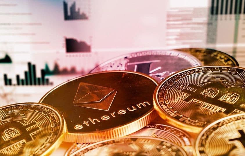 Crypto coins, Bitcoin and Ethereum.