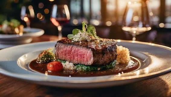 A beautifully presented medium steak.