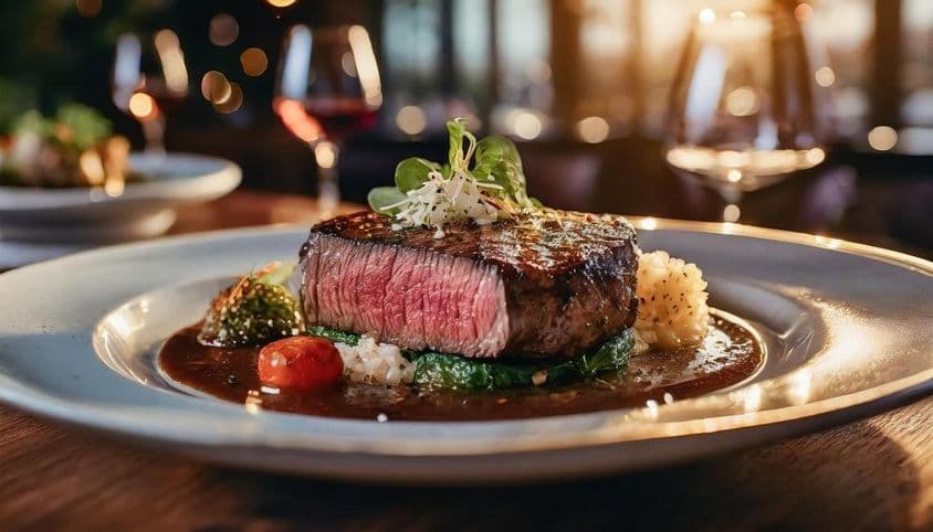 A beautifully presented medium steak.