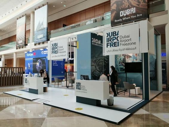 Dubai Airport free zone exhibition in a room.