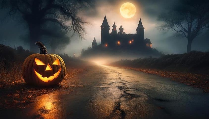 A Halloween night featuring a carved, glowing pumpkin with a haunted castle in the background.