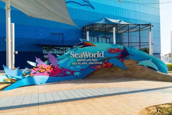 Entrance of Abu Dhabi SeaWorld, featuring a large blue whale.