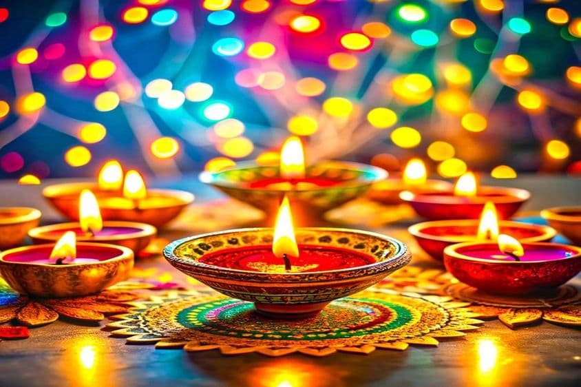 Diwali festive lamps on a table.