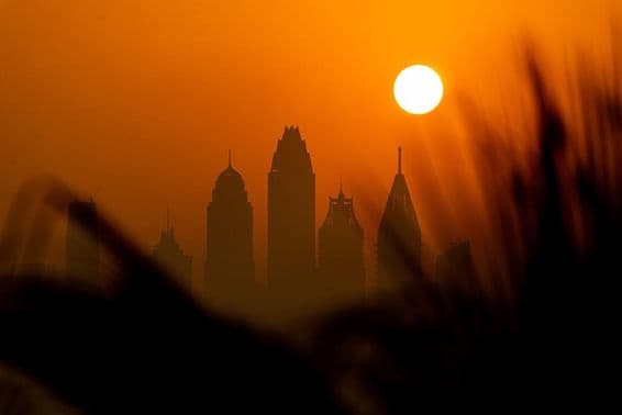 Sunshine visible with skyscrapers in blurred background.