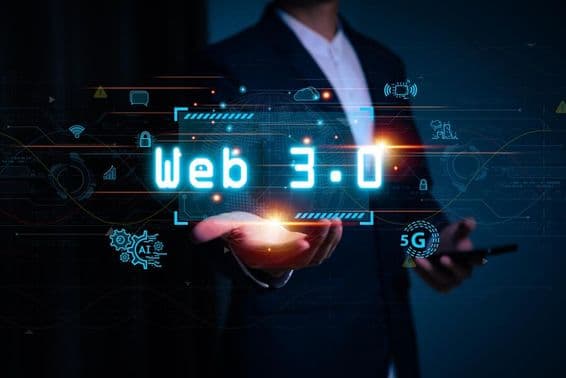 A person holding a Web3 inscription projected onto their hand.