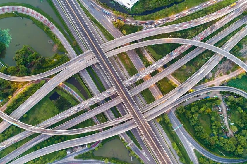 Many roads intersecting each other in various directions, above and below.