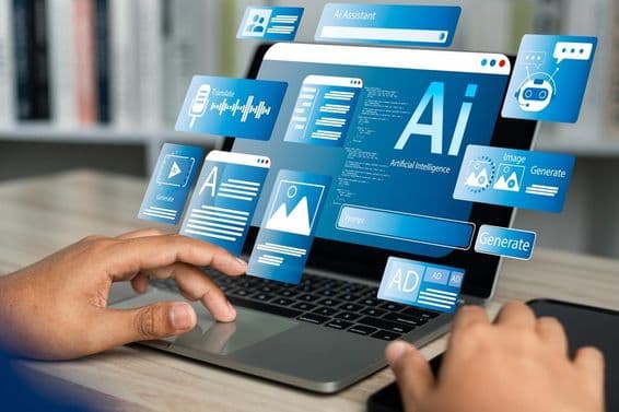 A notebook displaying an AI hologram being operated by a human hand on the touchpad.