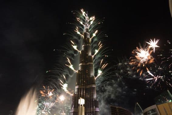 Burj Khalifa festive fireworks on New Year's Eve.