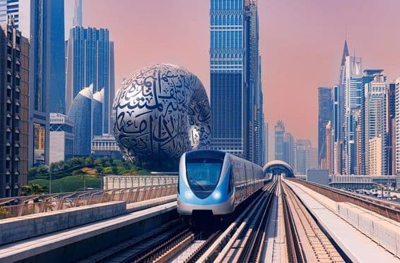 Dubai metro with the Museum of the Future and skyscrapers in the background.