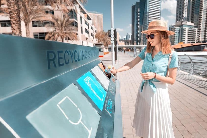 Throwing a bottle into a Dubai recycling bin, with skyscrapers in the background.