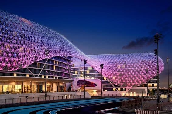 Yas Marina Circuit racetrack illuminated in the dark.