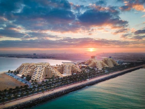 Sunrise on the Marjan Island beachfront, an artificial island in the Ras Al Khaimah Emirate of the United Arab Emirates.