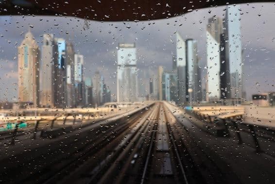 Dubai rain, viewed from a metro window.