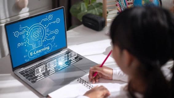 Schoolgirl studying educational material at home.