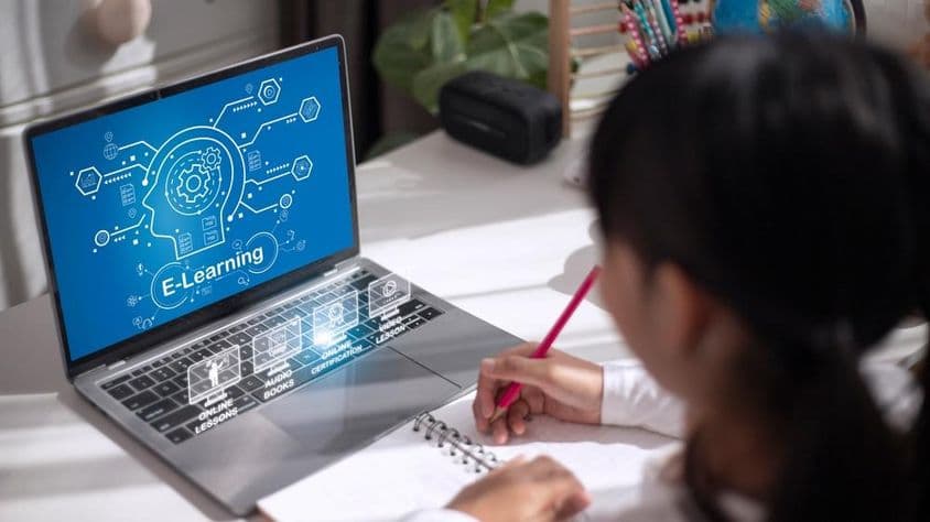 Schoolgirl studying educational material at home.