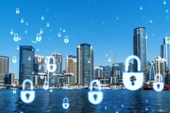 Dubai business downtown, projected with padlocks.