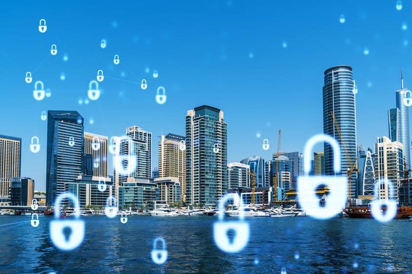 Dubai business downtown, projected with padlocks.