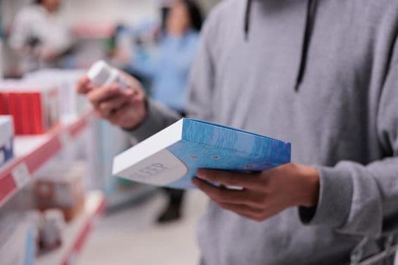 An individual holding sleeping pills in a pharmacy.