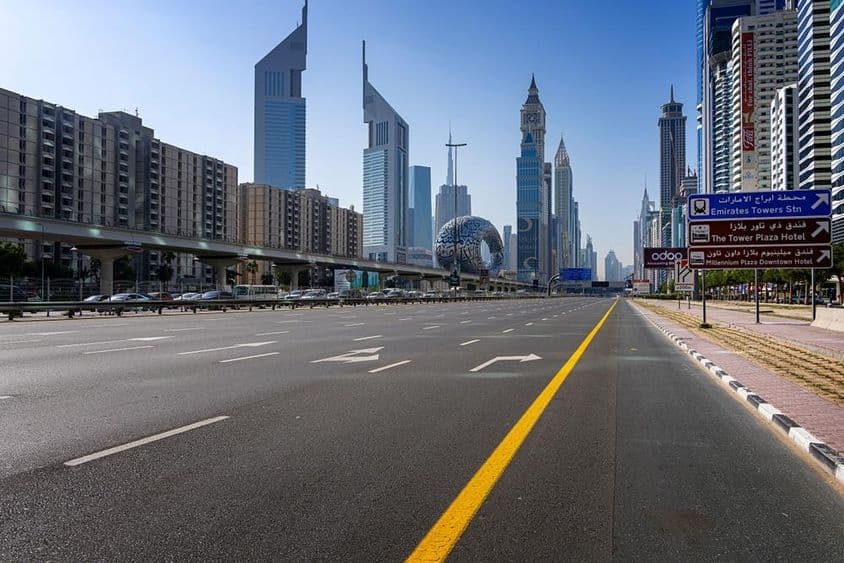 Dubai Sheikh Zayed Road with the Museum of the Future in the background.