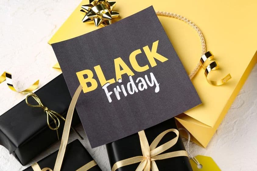 Black Friday shopping bags with labels.