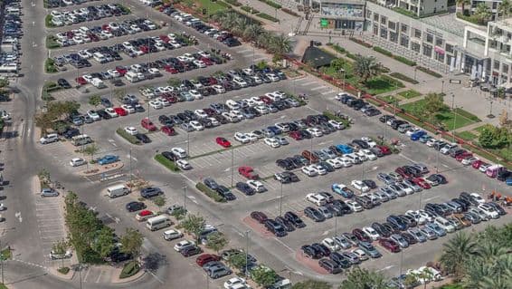 Dubai parking lot from an aerial view.