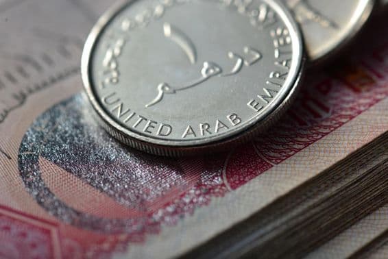 Metal one dirham coin over a stack of banknotes.
