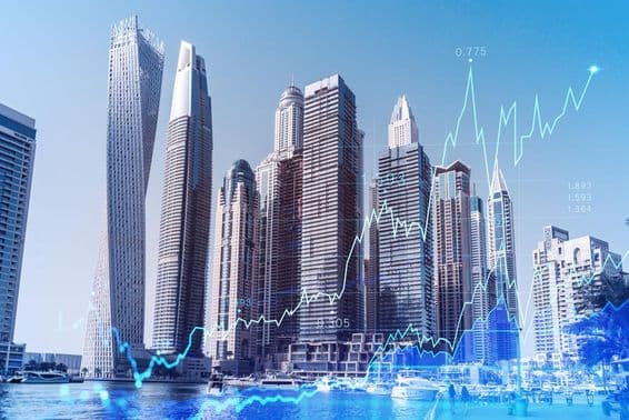 Dubai business downtown with forex chart overlay.