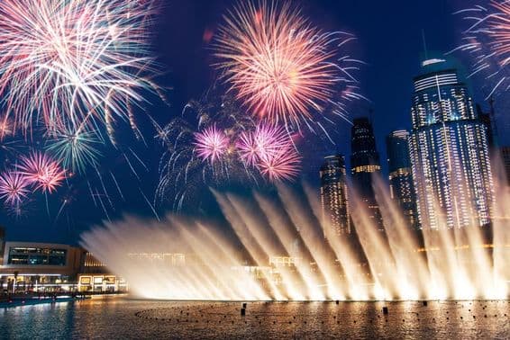 Fireworks above the Dubai Mall fountain show.
