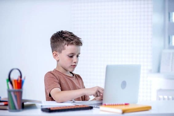 Schoolboy learning with a computer.