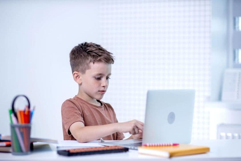 Schoolboy learning with a computer.