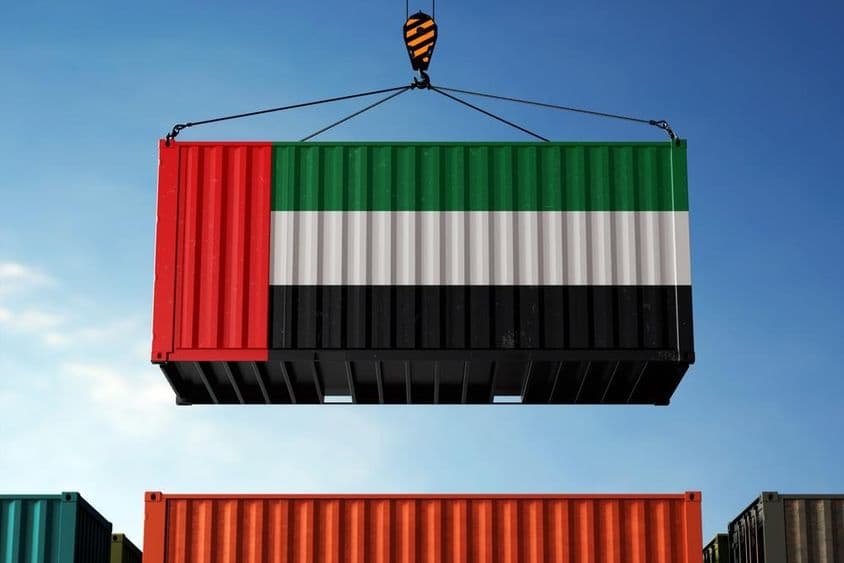 A crane lifting a container painted in UAE flag colors.