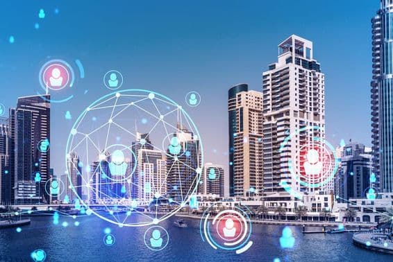 Dubai business skyline, skyscrapers, holographic icons, human resources concept.