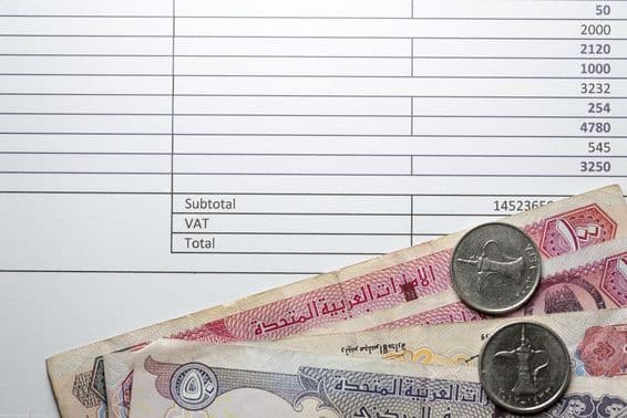 Dirham banknotes, few coins, tax accounting on a printed paper.