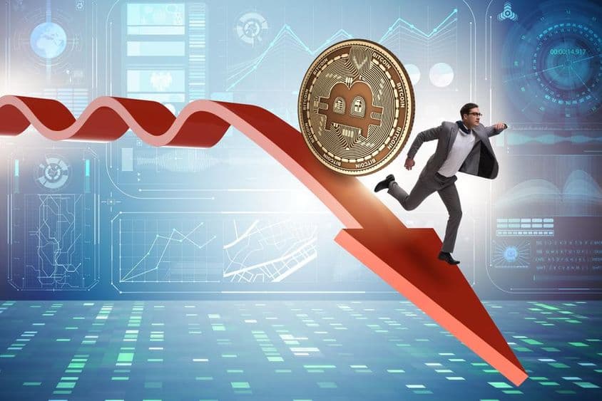 Bitcoin pursued by businessman amid cryptocurrency price drop.