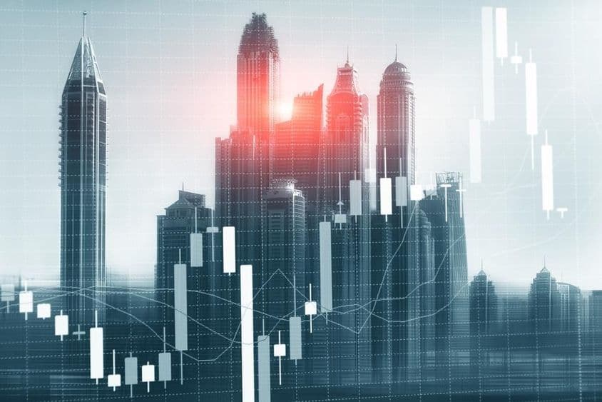 Stock market chart with Dubai skyscrapers in the background.