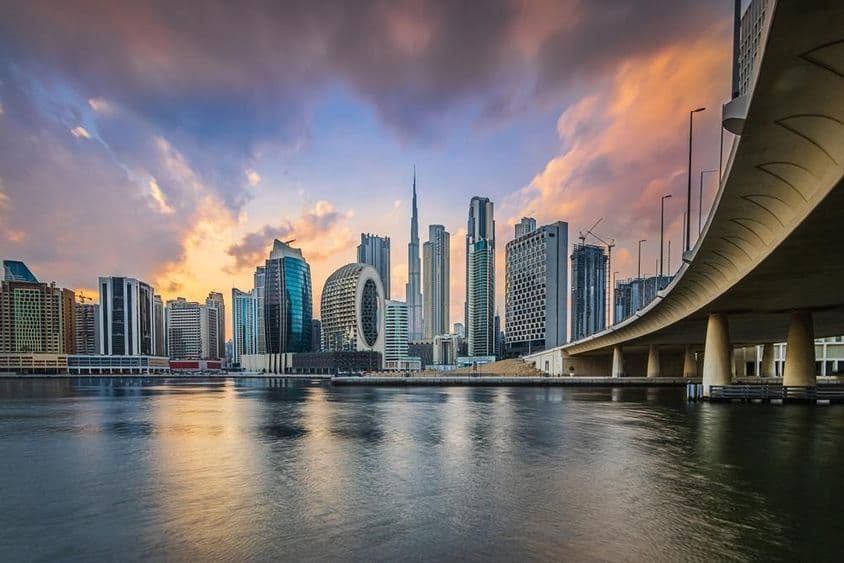 Dubai skyline with skyscrapers.