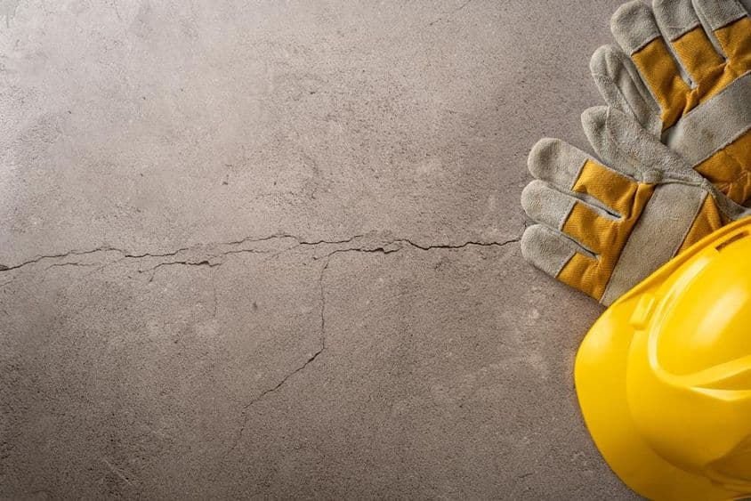 Break time, yellow helmet and work gloves placed on a cracked concrete surface.