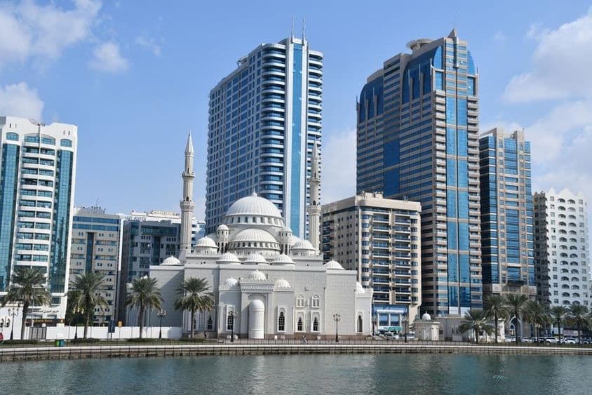 View of Al Noor Mosque from Al Noor Island in Sharjah, United Arab Emirates.