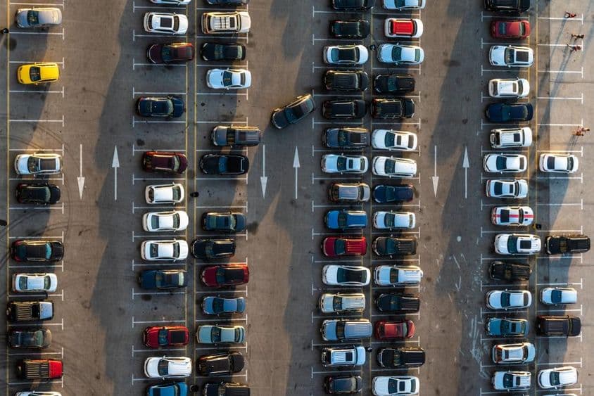 A public parking lot from a bird's-eye view.