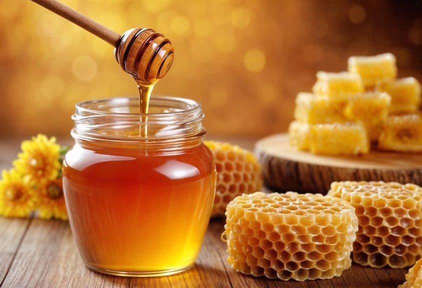 Natural organic honey in a glass jar, honey dipper, and honeycombs nearby.