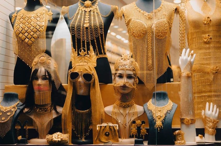 Gold jewelry at the Gold Souk in Deira, Dubai.
