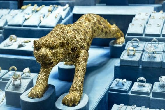 Gold Leopard figure encrusted with diamonds at the gold market.