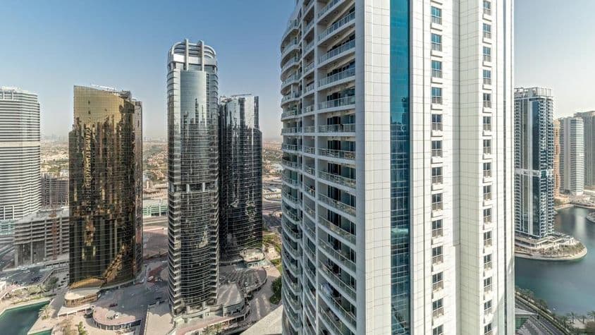 Aerial view of tall residential buildings in the JLT district, mixed-use area of Dubai multi commodities center.