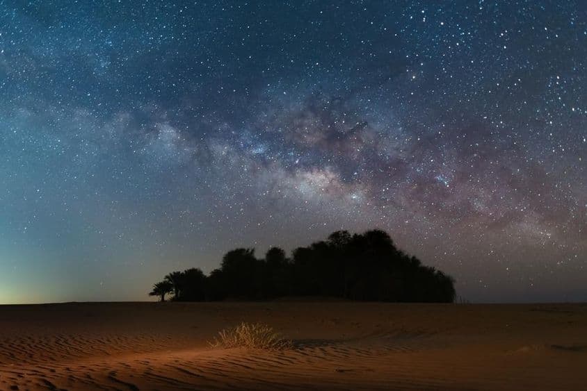 Night stars fill the milky sky over Oasis desert.
