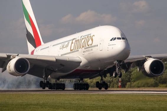 Emirates Airbus A380 airplane during landing.