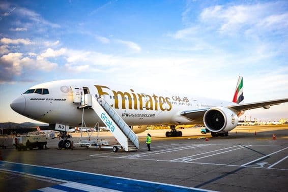 Emirates aircraft at Guarulhos International Airport.