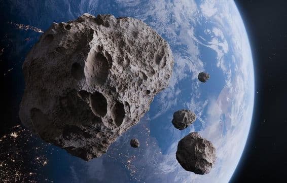 Blue Earth and asteroids in space.