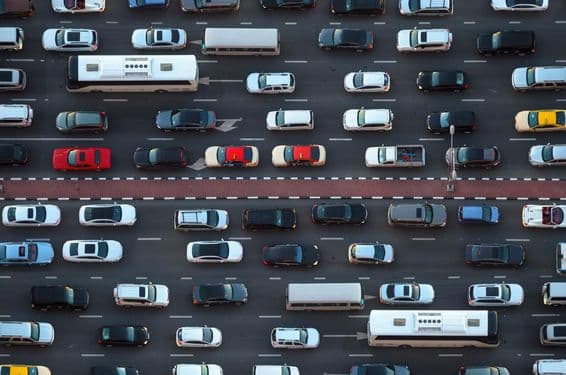 Aerial view of cars in a traffic jam in Dubai.